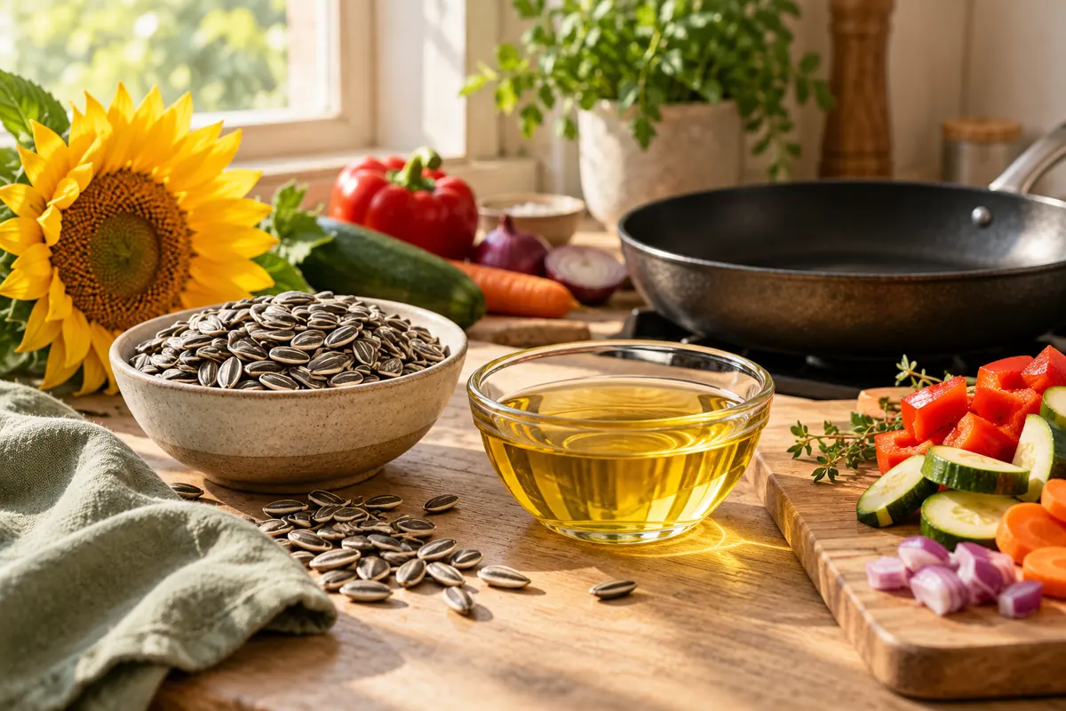 Seeds and oil with a pan and vegetables