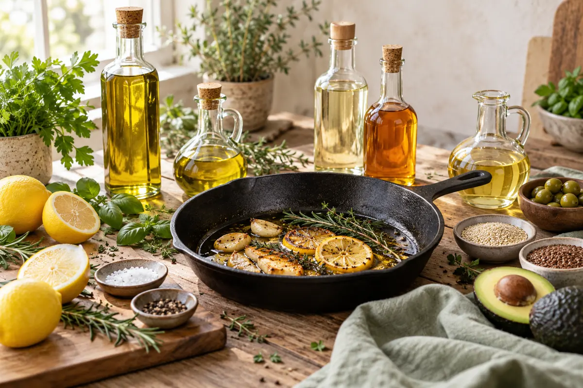 Cooking oils with a pan and herbs