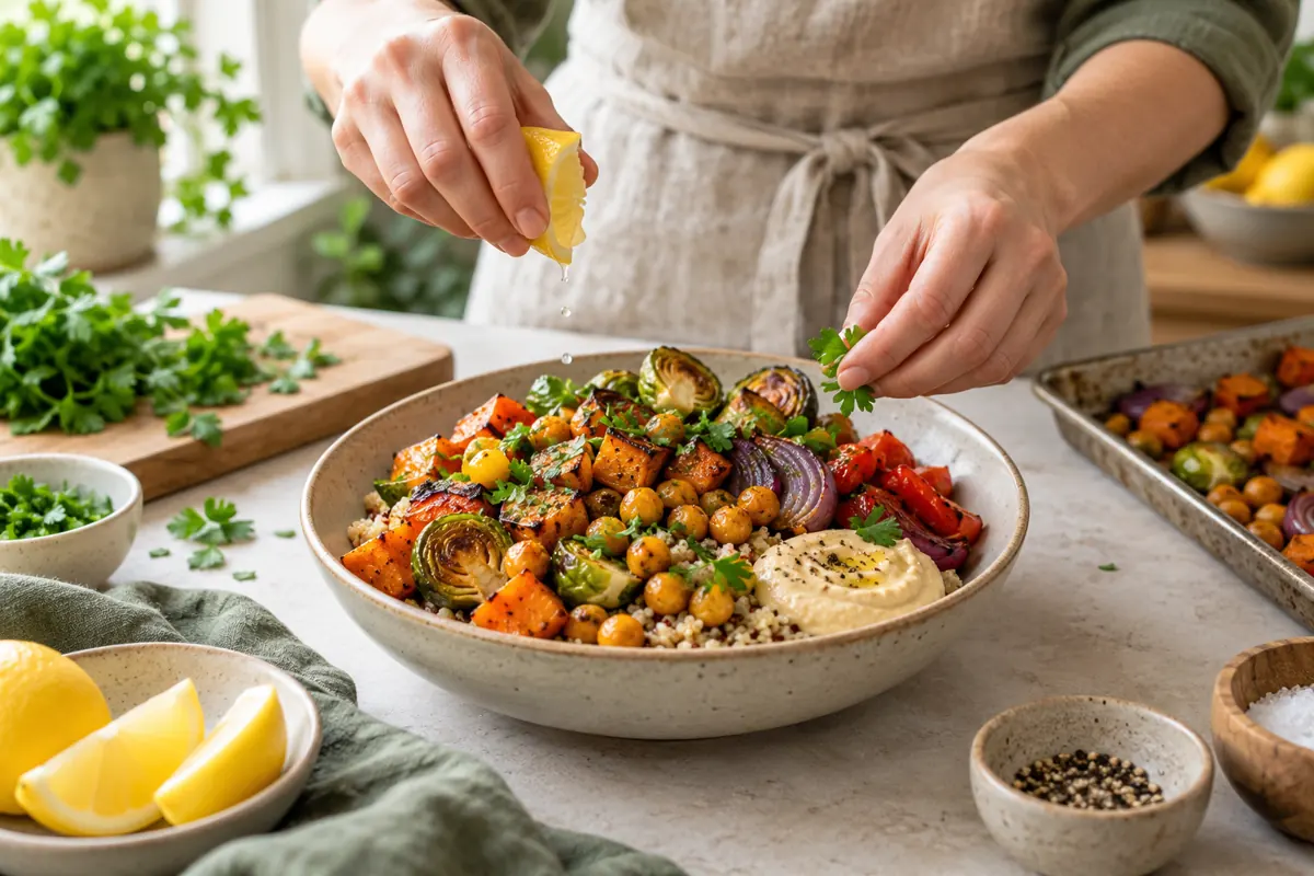 A vegetable and chickpea meal being finished with herbs