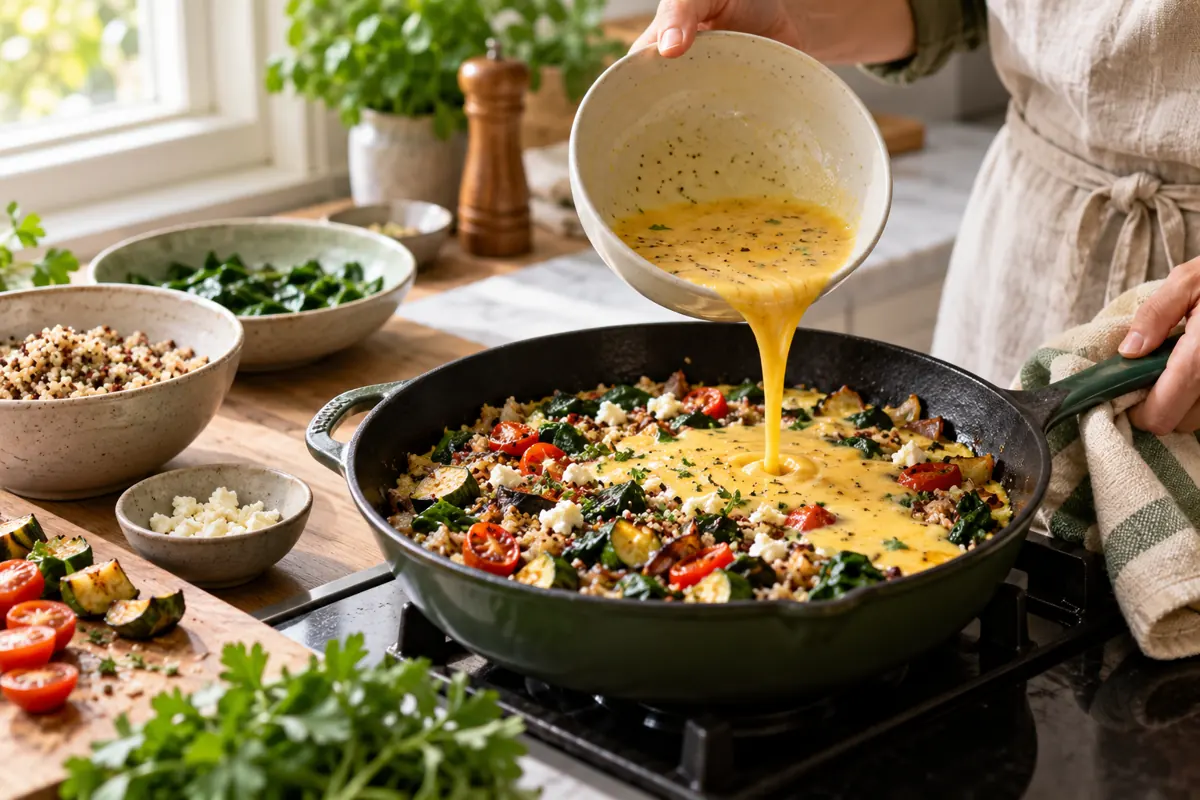 Vegetables and grains being made into a meal