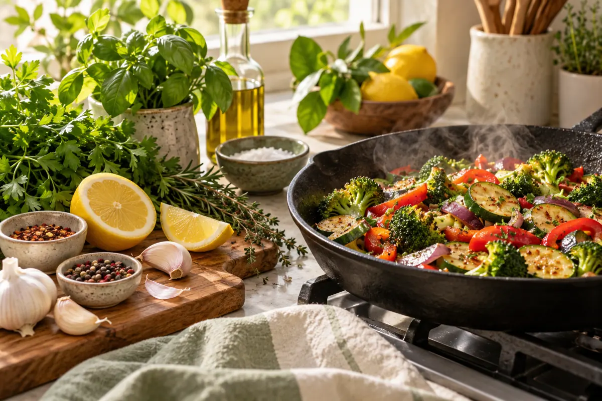 Herbs, citrus and spices alongside vegetables
