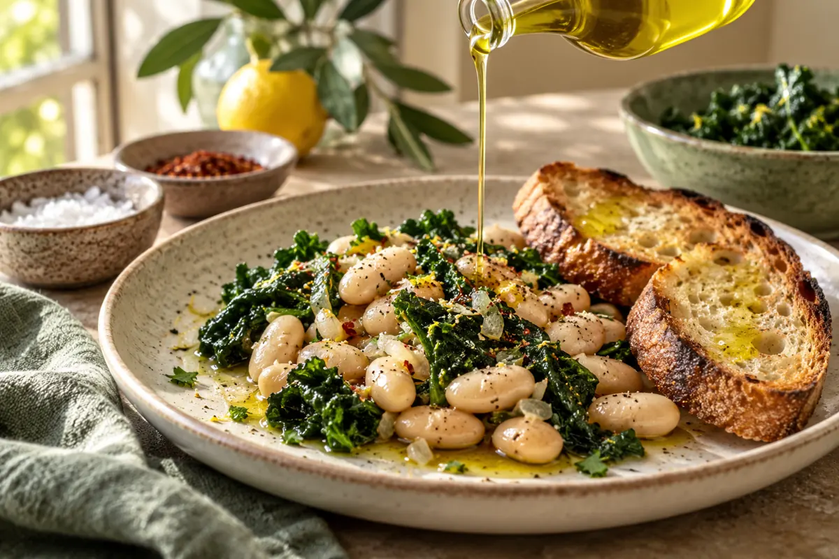 Beans and greens with olive oil and toast