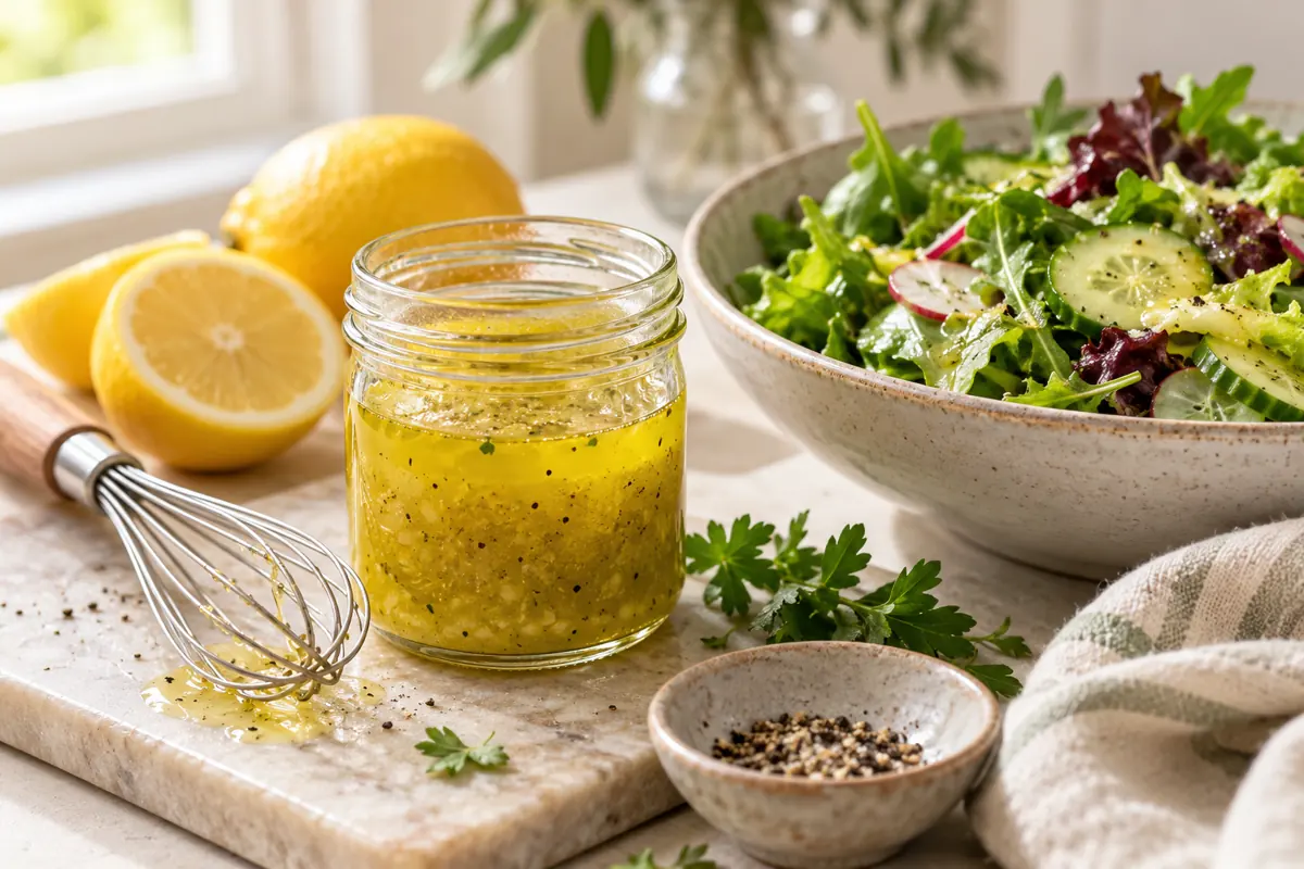 Homemade vinaigrette with salad ingredients