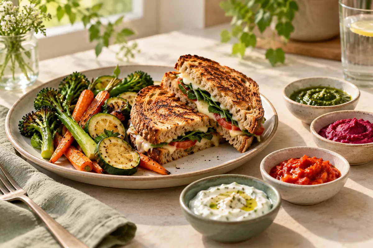 A sandwich and vegetables served with condiments