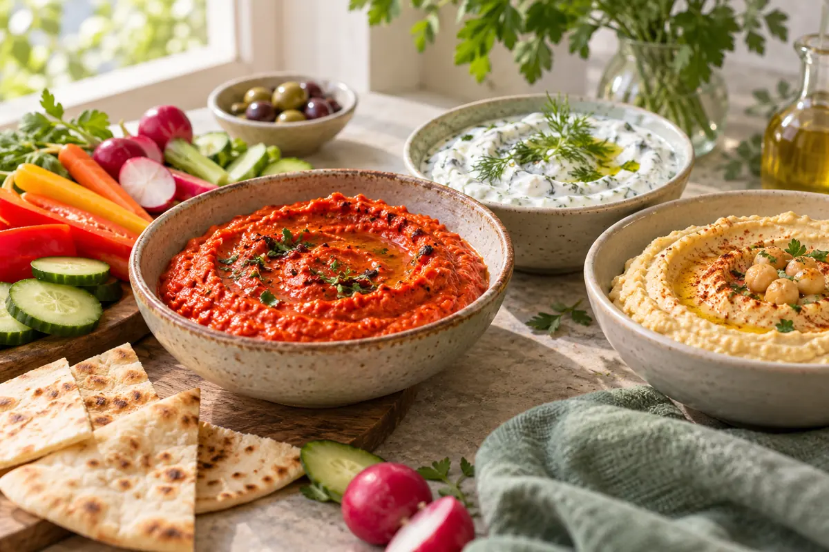 Roasted pepper and yogurt sauces with vegetables