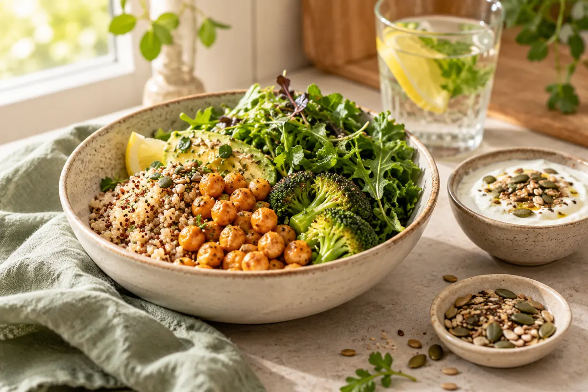 A grain bowl with chickpeas and vegetables