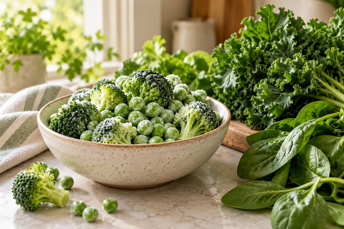 Frozen vegetables next to fresh greens