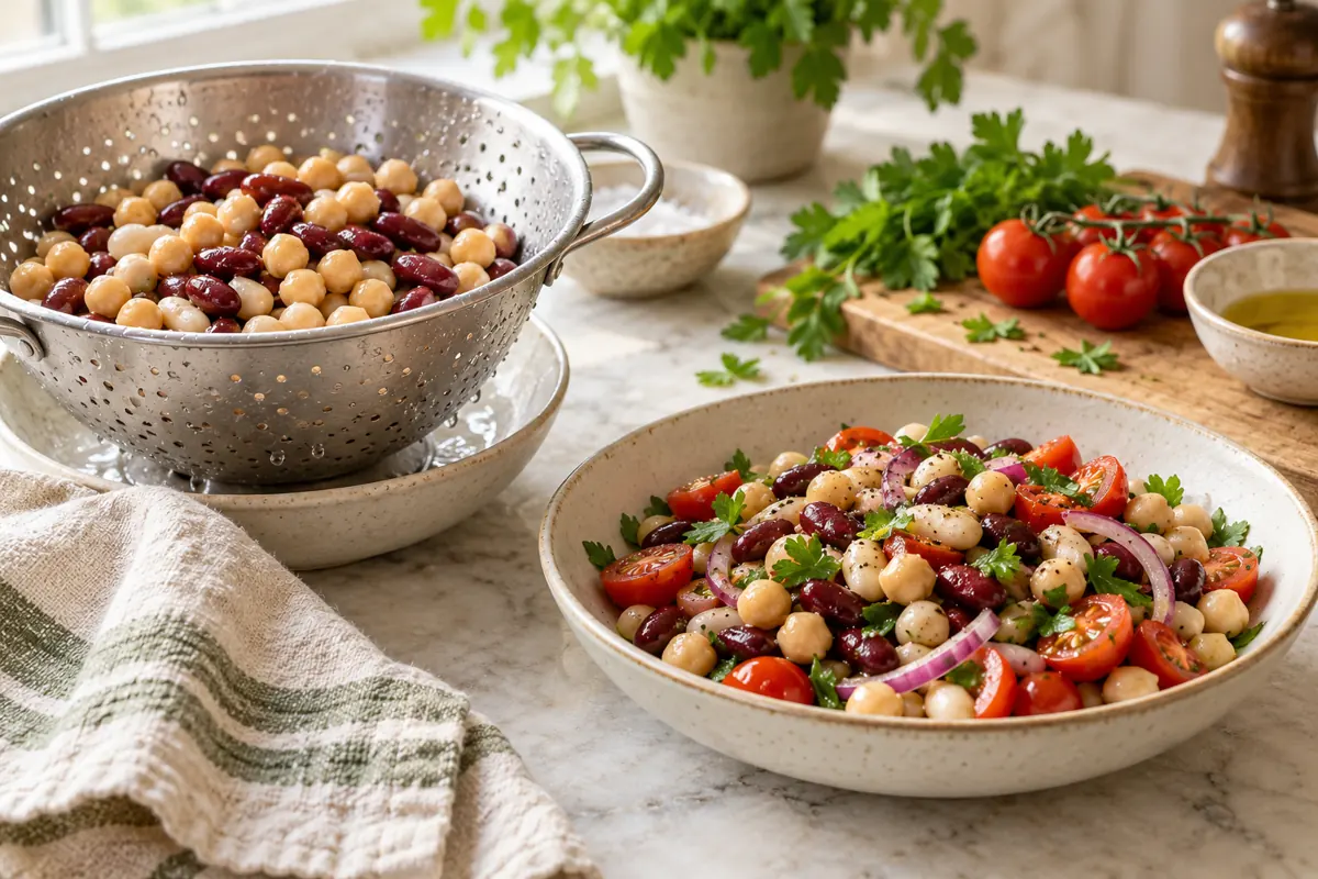 Beans in a colander beside a salad