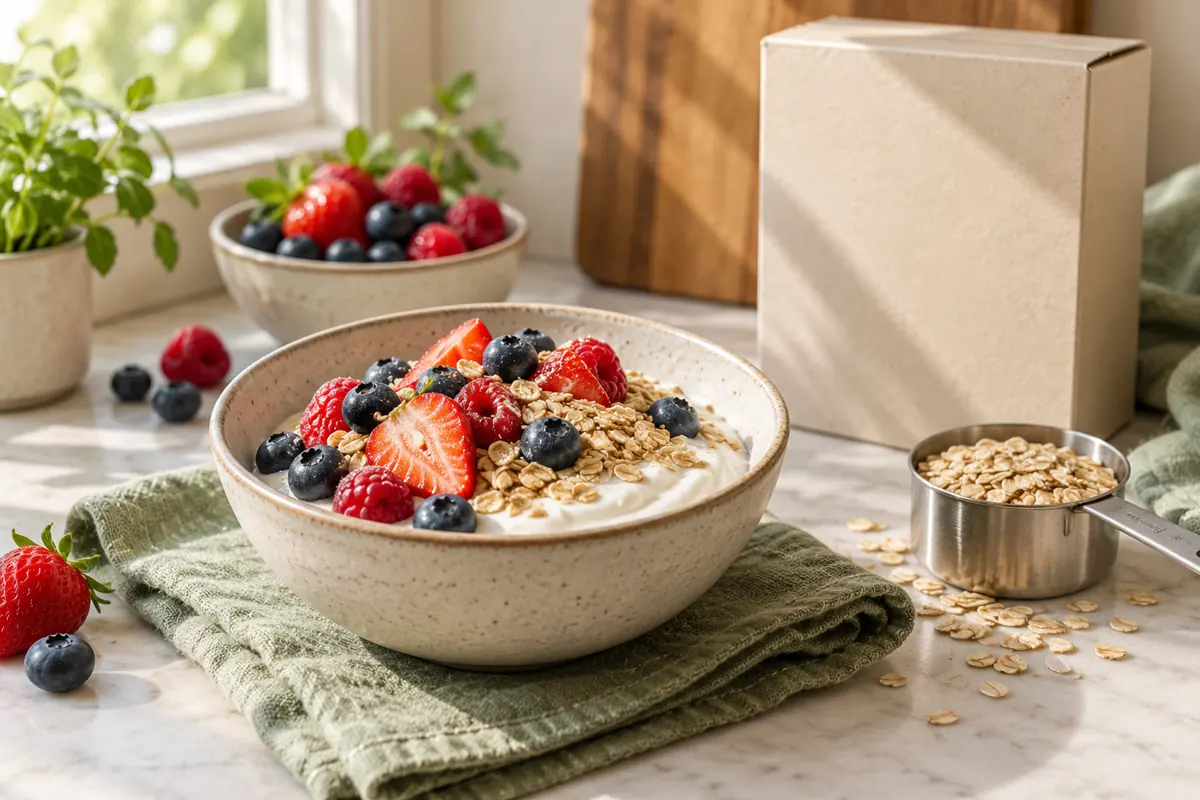 Breakfast ingredients with a measuring cup
