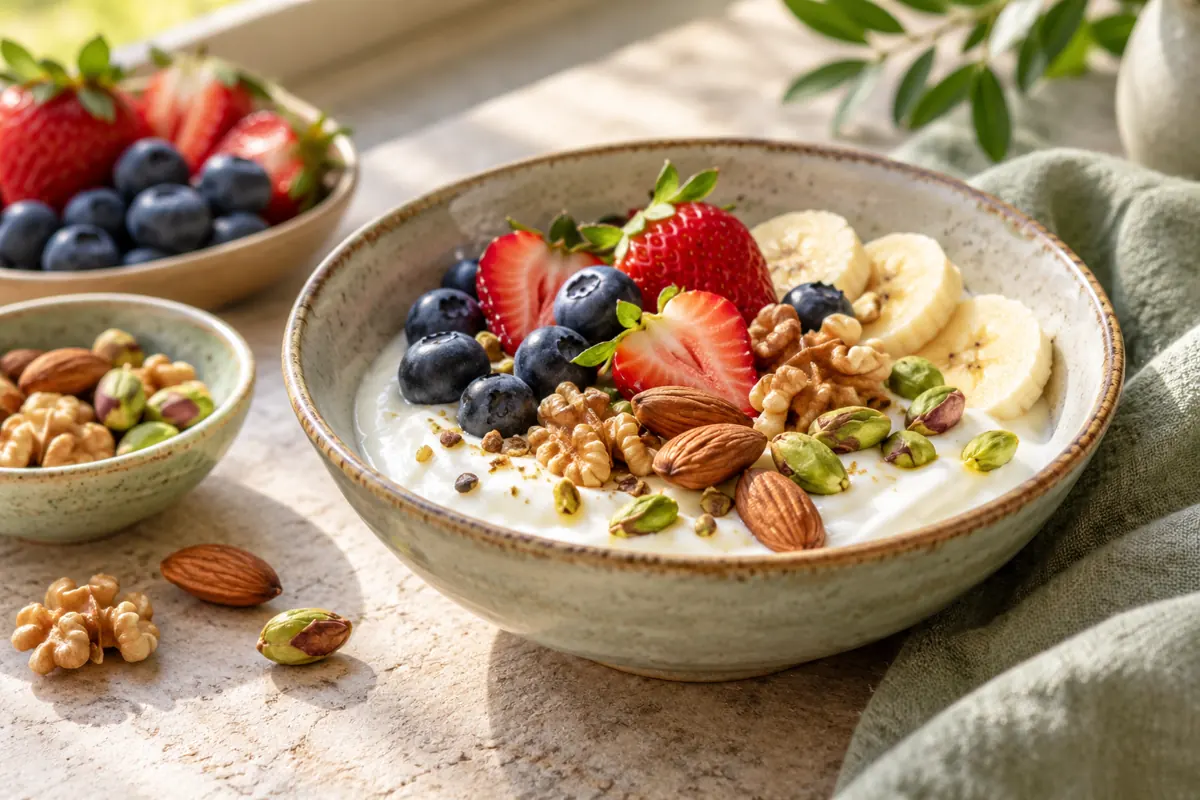 Nuts served with fruit and yogurt