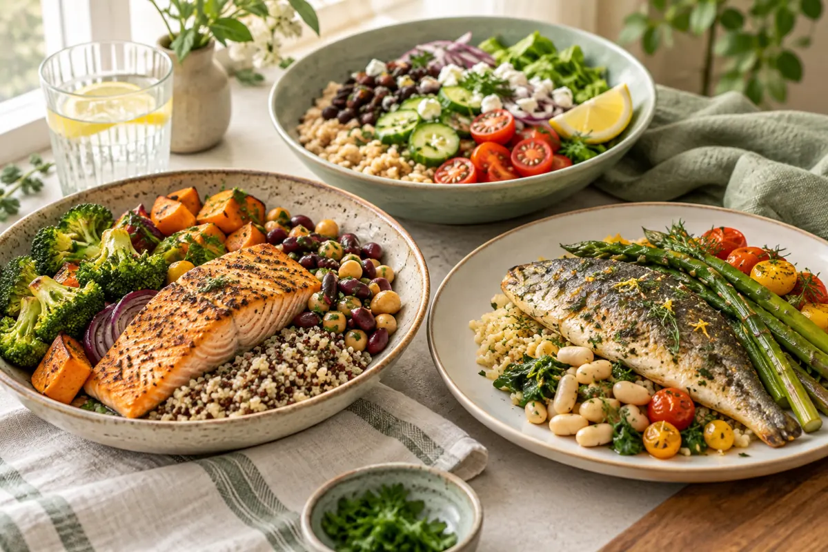 Several different balanced meal plates