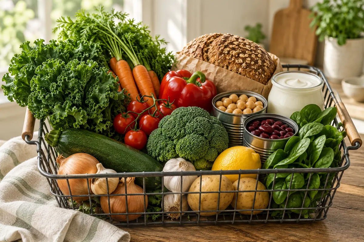 A shopping basket with fresh and packaged foods