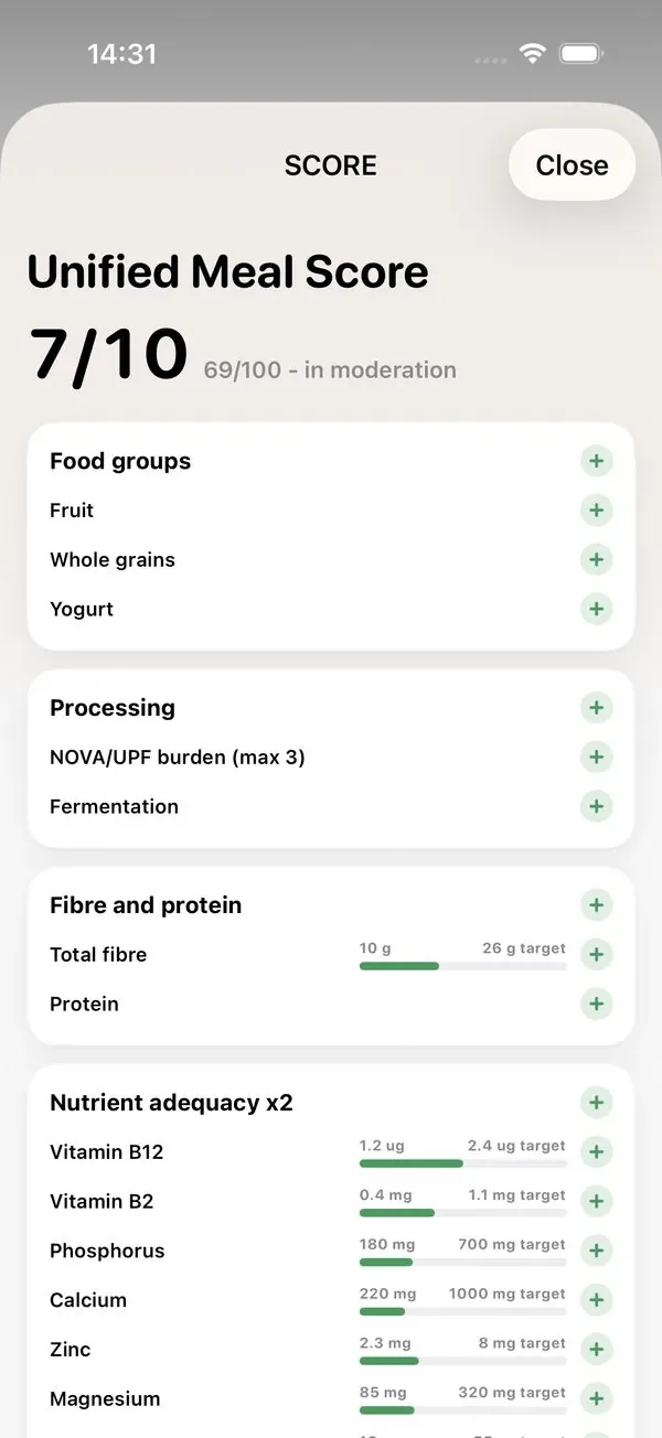 Caloza meal tracking screen