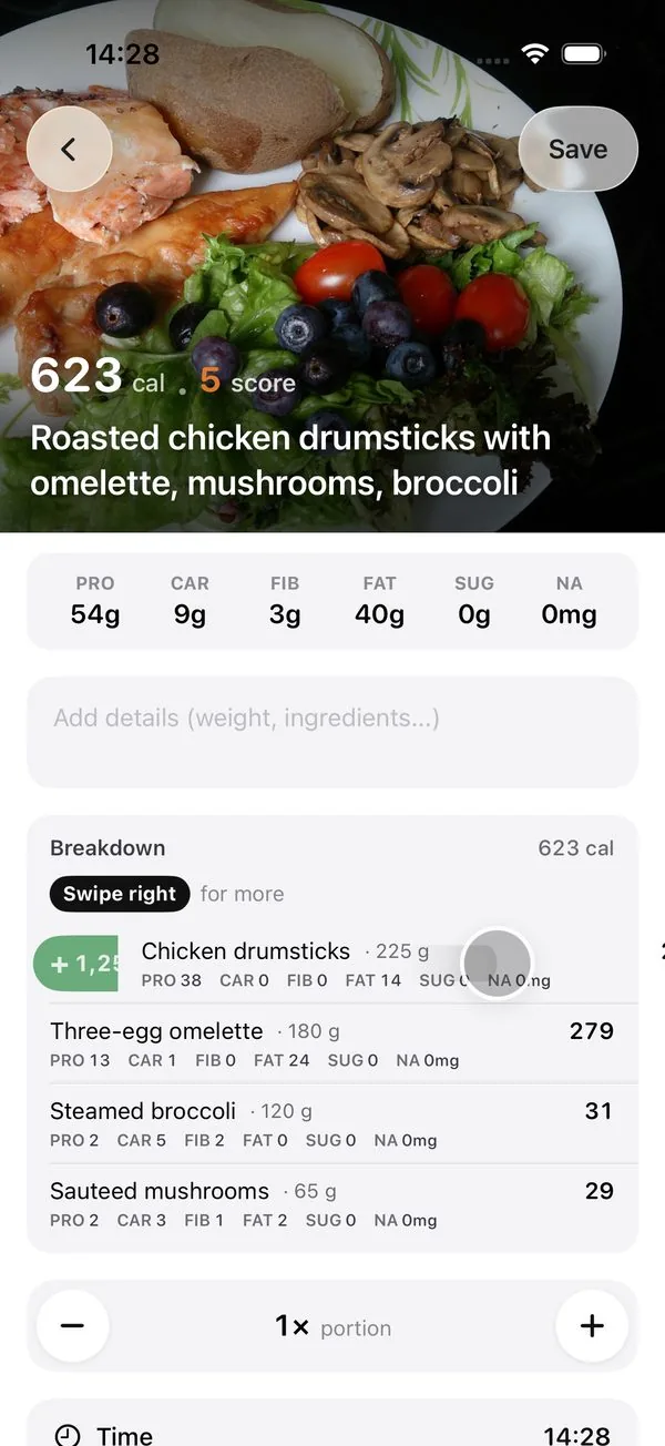 Caloza meal tracking screen