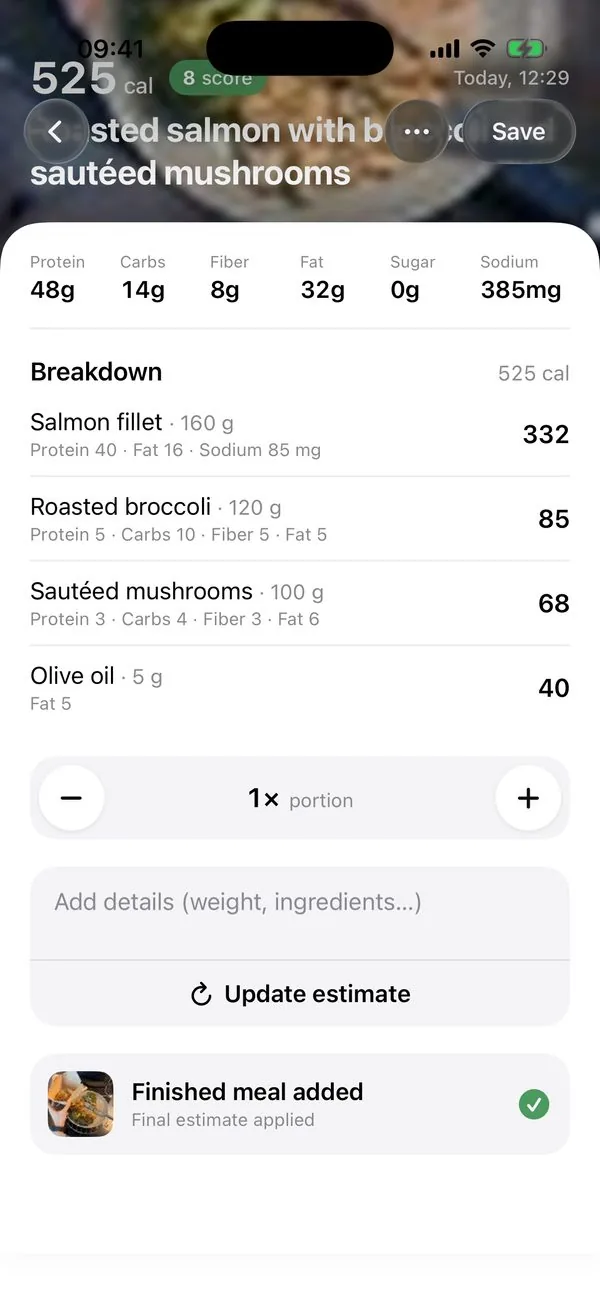 Caloza meal tracking screen